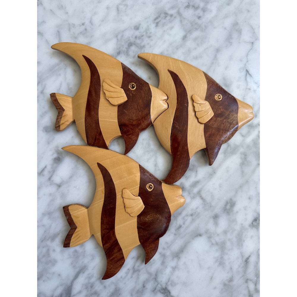 VTG Aloha Wood Le Family Vintage Angelfish Trio Wall Hanging Mixed Wood Inlay